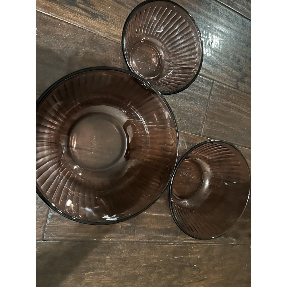 Pyrex Amethyst Cranberry Ribbed Mixing Vintage Bowl Set 3 Nesting Bowl 10 6 3